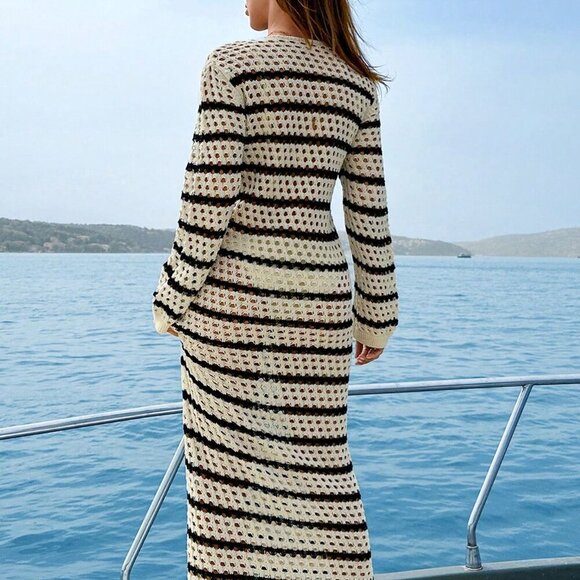 Multicolor Casual Women's Contrast Color Long Sleeve Round Neck Cover-Up - Picture 4 of 7